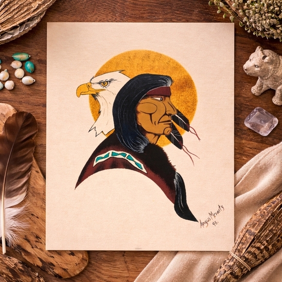 Original Art Other - Original Indigenous Artwork Angus Merasty Signed 1995 Eagle Native Portrait Art